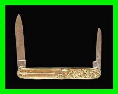 Vintage Ornate Carved Gold Plated S-B Co. Pocket Folding Knife w/ 2 Plain Blades - Image 1 of 4