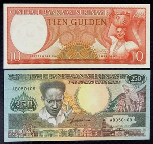 1963, 1988 SURINAME - SET OF 2 NOTES  - 10, 250 GULDEN - GEM UNC - AM2 - Picture 1 of 2