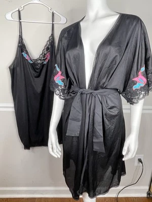 Conjunto de camisón bata floral negra vintage VENTURA apliques hasta la rodilla 4 X Foto 1 de 4