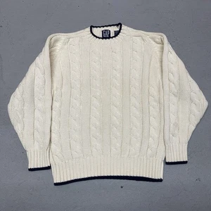 Maglione vintage Gap Cable maglia cotone scollo a V uomo piccolo panna grosso tennis - Foto 1 di 16