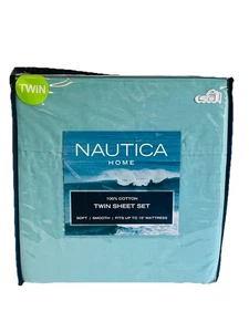 Nautica Home Twin Sheet Set Aqua Blue Cotton Pillowcase Flat & Fitted Sheet NEW - Picture 1 of 8