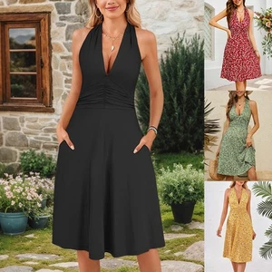 Women Sleeveless Halter V Neck Sundress Ladies Floral Ruffle Skater Mini Dress - Picture 1 of 26