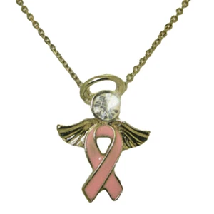 breast cancer awareness necklace yellow chain cz carded pink pendant ribbon NEW - Picture 1 of 5