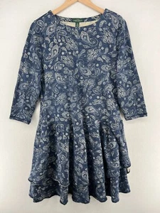 LAUREN RALPH LAUREN Dress XL Paisley Tiered 3/4 Sleeve Fit & Flare Cotton Blue - Picture 1 of 14