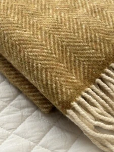 Evangeline, Portland Maine Merino Wool Throw Herringbone Raw Honey 54x72 $300 - Picture 1 of 6