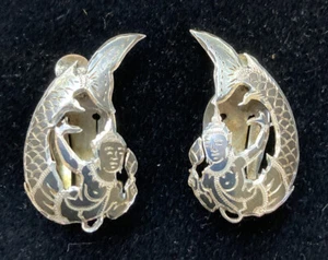 Vintage Vishnu Hindu Fish God Sterling Clip Back Earrings - Picture 1 of 7