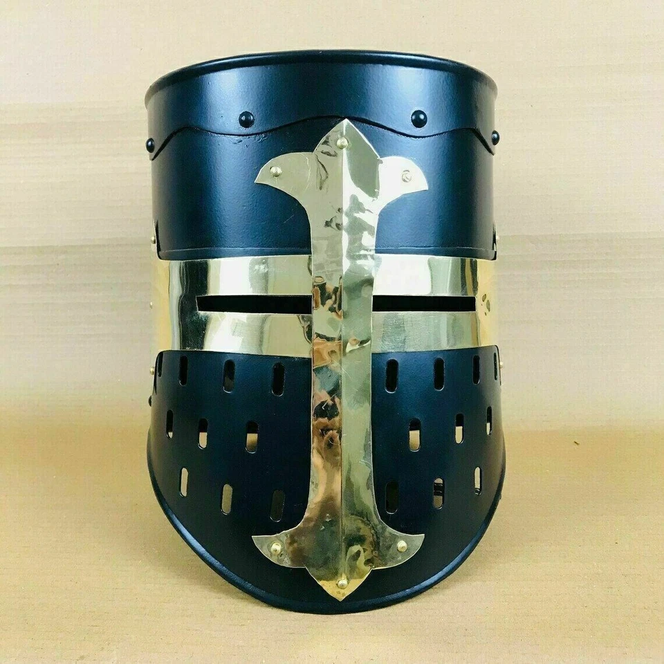Capacete medieval cavaleiro armadura cruzado templário viking com suporte presente design azul - Imagem 1 de 4