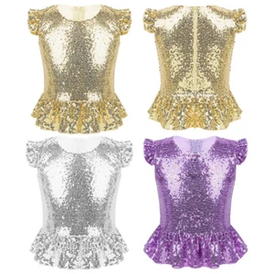 Kids Girls Sparkly Sequin Mermaid Costume Peplum Tops Birthday Party Shiny AU - Picture 1 of 53