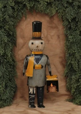 NEW Primitive SNOWMAN Figure w/TEALIGHT LANTERN BOX Recycled METAL  14.25"T - Image 1 of 3