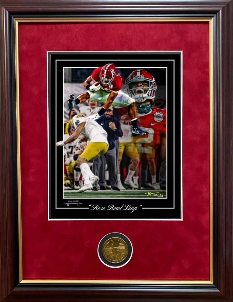 ALABAMA FUTBOL NAJEE HARRIS ROSE BOWL SALTO 2020 OBSTÁCULO IMPRESIÓN ENMARCADA con moneda Foto 1 de 1