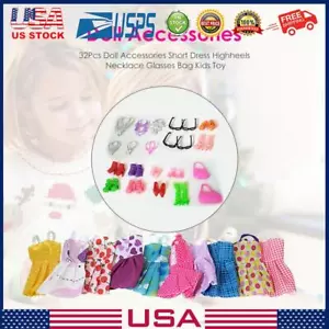 US 32pcs Doll Fashion Set for Dressing up Shoes Bags Necklace Clothes Party Kid - Picture 1 of 6