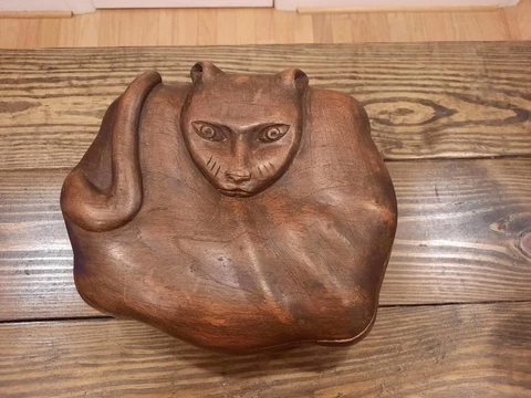 Carved Folk Art Cat Hand Painted Bench Wood Table Plant Stand Cover