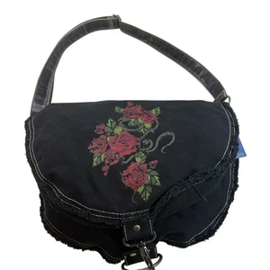 Schwarze Canvas Schultertasche Rot Rose Blumenmuster Used Fransen Crossbody - Bild 1 von 6