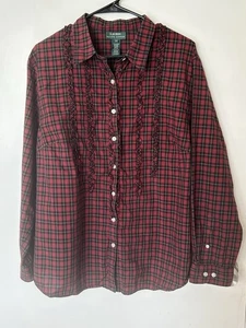 Camicia blusa donna Lauren Ralph Lauren 2X manica lunga a quadri con volant davanti - Foto 1 di 8