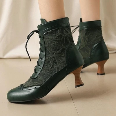 Retro Womens Lace Up Faux Leather Patchwork Ankle Boots Mid Heel Casual OL Shoes - Image 1 of 4