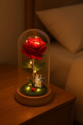 Enchanted Rose Light Dome USB Fairy Lamp 7" Glass Cover with Dragon Figurine New - Image 1 of 4