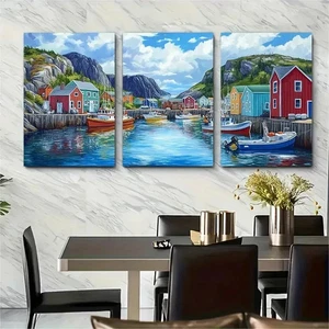 3pcs Trinity Harbor Newfoundland Fishing Perfect Wall Art Canvas Framed 50x70cm - Foto 1 di 3