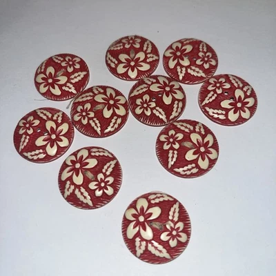 10 Vintage Buffed Celluloid Red & White Flower Buttons - Image 1 of 4