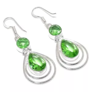 Green Tsavorite Gemstone Handmade 925 Sterling Silver Jewelry Earring Size 2" - Picture 1 of 1