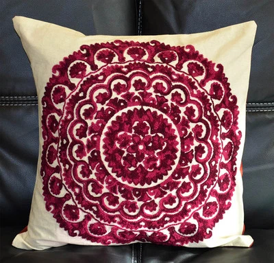 Cotton Silk Suzani Embroidery Hand Made Beige Pillow Cover - Image 1 of 4