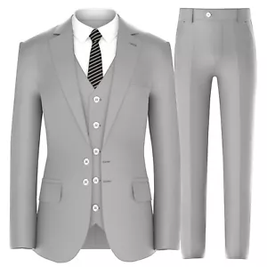 Men’s Suits Slim Fit - 3 Piece Suit Set Men Blazer Lt Grey - Picture 1 of 7