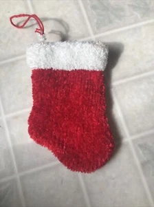 Vintage Chenille red Knitted Christmas Ornament White Cuff 6" Tall - Picture 1 of 3