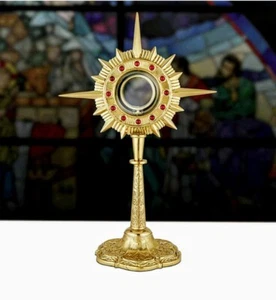 Messing Monstranz Trad katholisch 24 Kt Gold Platte Luna 16,50" hoch - Bild 1 von 5