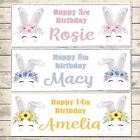 2 PERSONALISED BUNNY FLOWER CROWN BIRTHDAY BANNERS -ANY NAME OR AGE - 3 COLOURS 