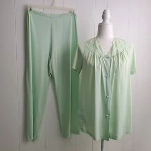 70s Pajama ShadowLine Women's Nylon Vintage Set Shirt Pants Mint Green 34 Lace - Picture 1 of 19