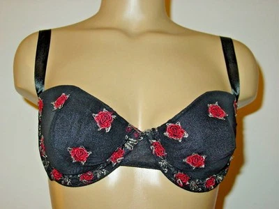 Women's Fredericks of Hollywood Bra Black Red Floral Rose Embroidery-L-NEW - Image 1 of 4