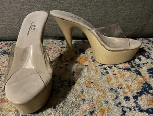 Womens Ellie Mya 6” Platform Heels - Clear/Wood Design, Size 12 - Picture 1 of 4
