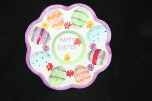 9 " Round Multipastel Colored " Happy Easter  Plate  ~ Hold 8 Eggs  - Picture 1 of 3