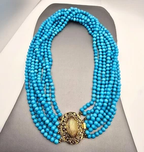 VTG Multi-Strand Turquoise Glass Beaded Necklace 16" Gold-Tone Ornate Box Clasp - Picture 1 of 16