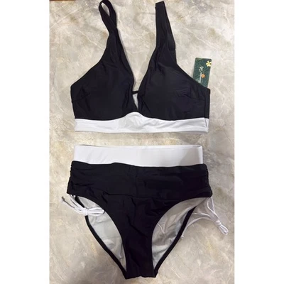 Blooming Jelly Black White Two Piece High Waist Bikini Swimsuit Side Tie M - Image 1 of 4