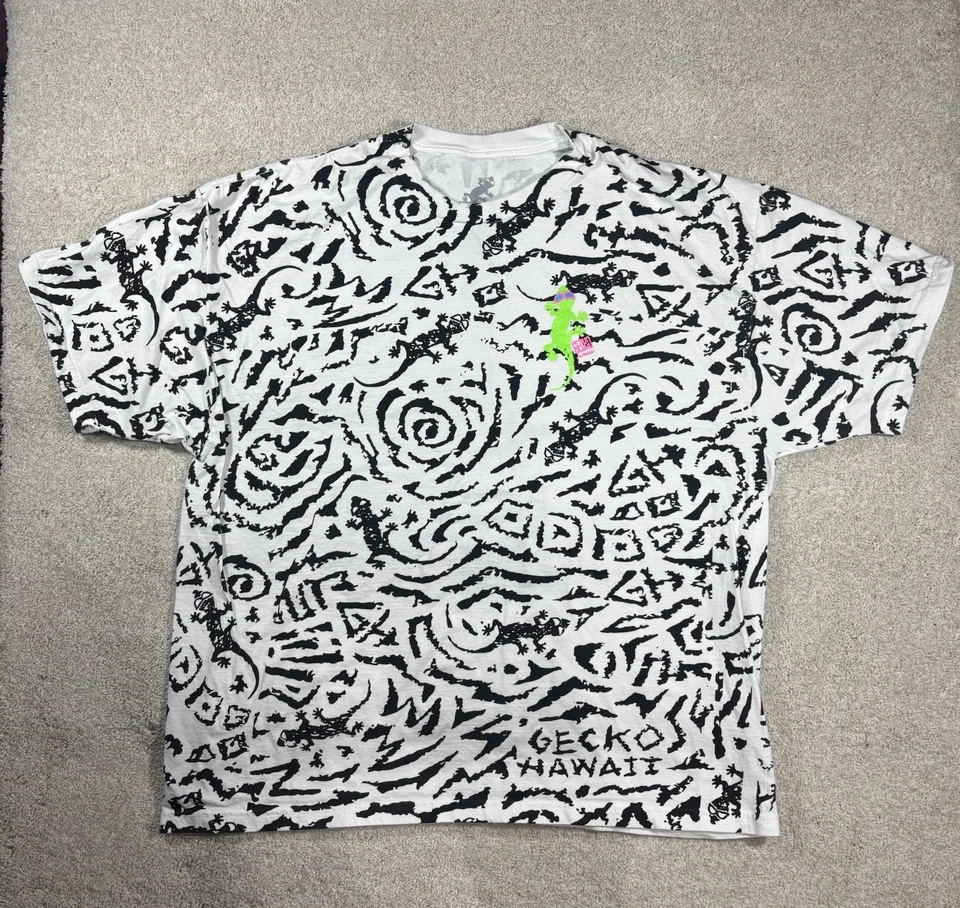 Camiseta GECKO HAWAII Blanca Verde Neón Remolino Surf Años 90 Retro Look Camiseta Talla 2XL Foto 1 de 4