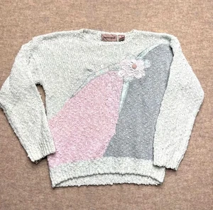 Vintage Sweater Pastel Floral Applique Embroidery Beads 80s Blue Pink Med - Picture 1 of 8