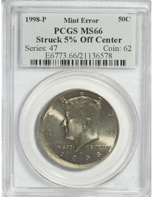 1998-P Kennedy Half Dollar PCGS MS-66 Struck 5% Off Center Mint Error - Image 1 of 2
