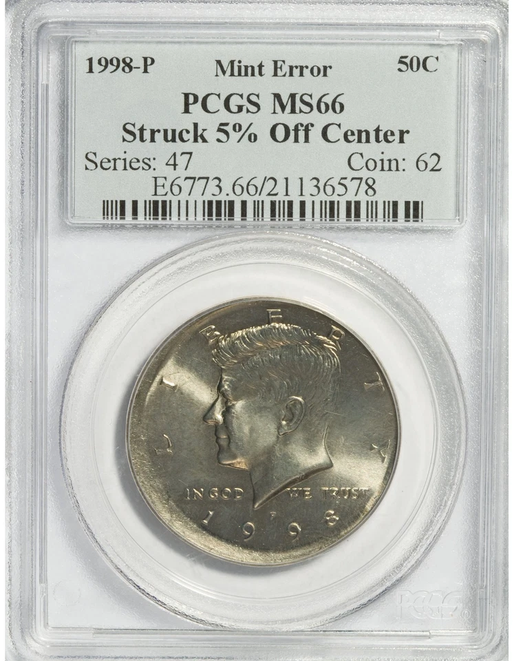 1998-P Kennedy Half Dollar PCGS MS-66 Struck 5% Off Center Mint Error - Image 1 of 2