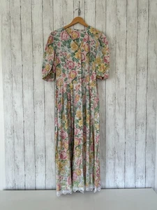 Vintage Floral Cotton Maxi Dress UK 14 Multicolour Lace Hem - Picture 1 of 9