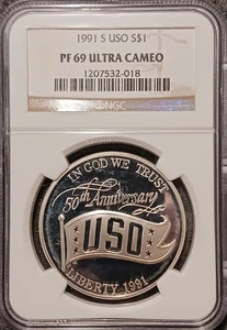 1991 S - USO Proof Commemorative Silver Dollar - NGC PF 69 Ultra Cameo - Picture 1 of 4