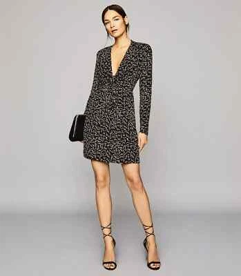 Reiss Dress Black UK6 Julia Plunge Front Shift Mini Zig Zag Print Chiffon Party - Image 1 of 4