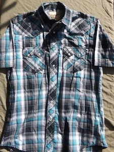 Wrangler Western Pearl Snap Shirt Mens Medium Plaid Sawtooth Pockets Cowboy - Picture 1 of 9