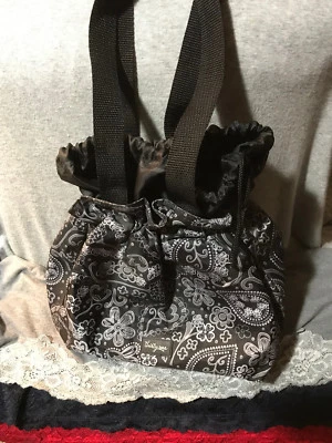 Thirty-One Black & Grey Multi Nylon Floral Drawstring Tote Purse Lunch Bag  - Image 1 of 4