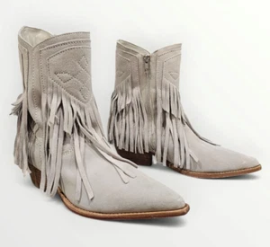 FREE PEOPLE Lawless Fringe Western Suede Pointy Toe Boots in Taupe 41/10-10.5M - Picture 1 of 9