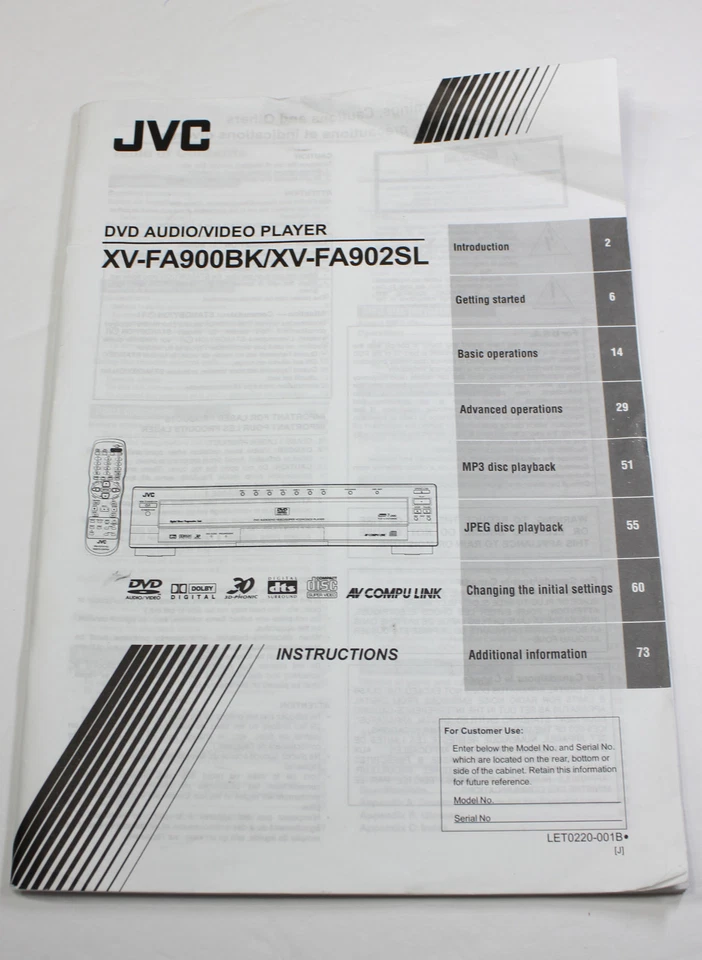 MANUAL DEL PROPIETARIO ORIGINAL para JVC XV FA900BK Y XV FA902SL DVD VIDEO CAMBIADOR  Foto 1 de 1