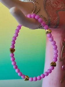 Armband Jade Perlen, Stretcharmband Edelstein pink, Herz gold, Unikat 7175 - Bild 1 von 7