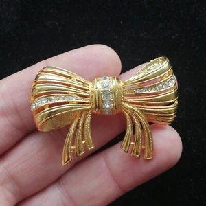 Vintage Tschechische Goldfarbene Schleife Anstecknadel Brosche Klarglas Strass - Bild 1 von 5