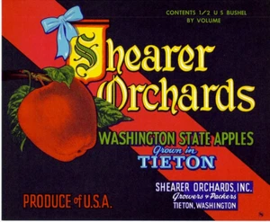 Original SHEARER ORCHARDS red half box apple crate label Tieton, WA  blue bow - Picture 1 of 1