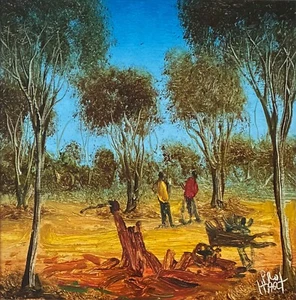Pro Hart (1928-2006) - Oil Painting On Board 'Digging in the Bush' - 20 x 19.5cm - Picture 1 of 7