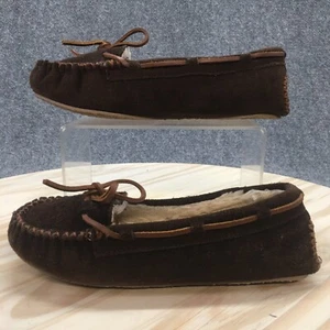 Minnetonka Slippers Womens 7 Moccasins Brown Leather Moc Toe Faux Fur Comfort - Picture 1 of 16